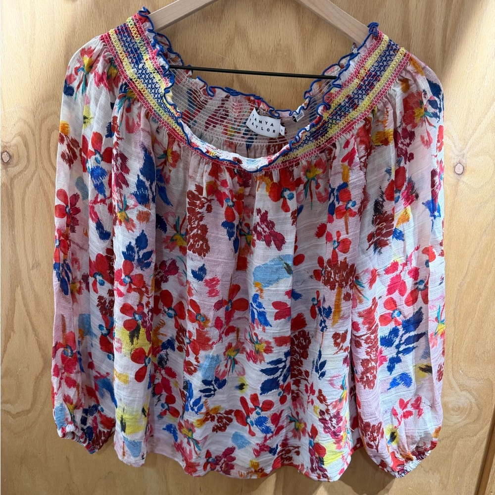 Tanya Taylor silk floral print blouse with a smocked neckline